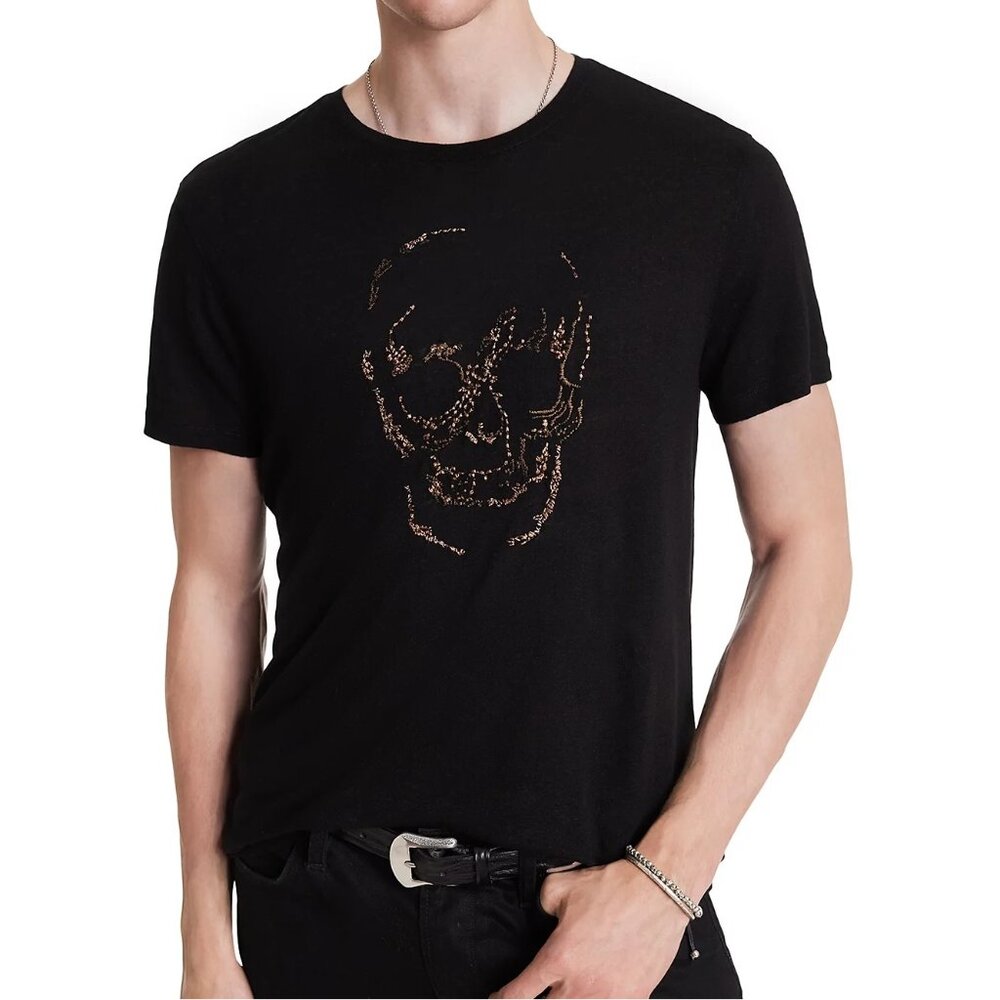 John Varvatos Men's Embellished Skull Embroidered Crew T-Shirt Linen Blend Black